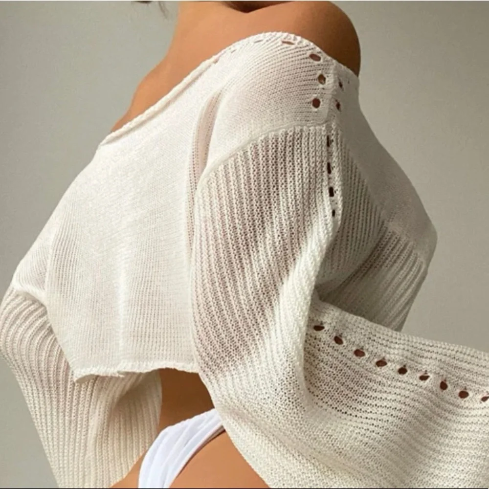 Crop top bell sleeve bikini cover-up beach tops sexy wide sleeve creamy white - Picture 3 of 5
